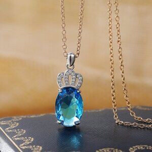 🔥 Oval Gemstone Crown Silver Plated Pendant Necklace for Women, EVGG1114